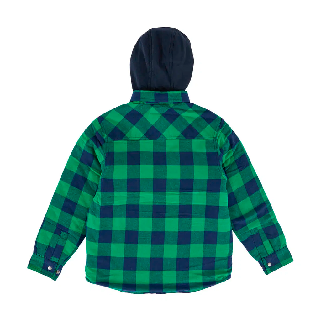 BERNE YOUTH FLANNEL QUILT-LINED HOODED SHIRT JACKET PLAID KELLY NAVY (S)