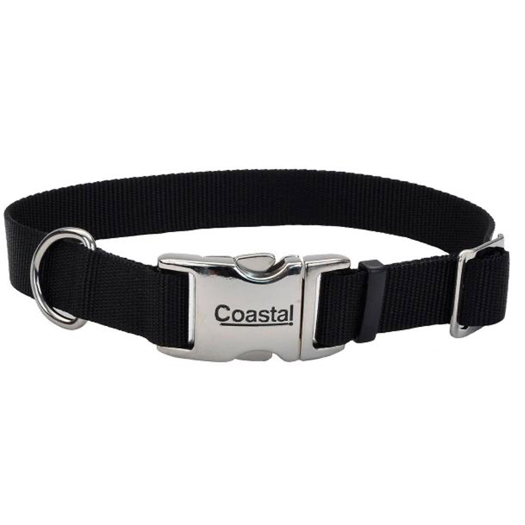 COASTAL ADJUSTABLE DOG COLLAR METAL BUCKLE BLACK 1"X18-26"