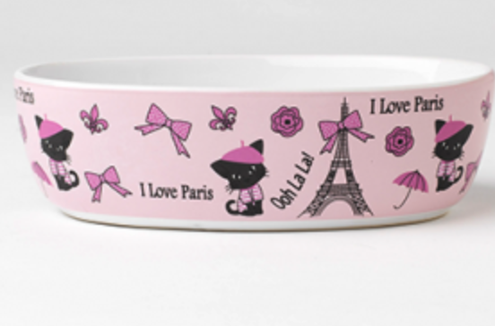 PETRAGEOUS I LOVE PARIS OVAL CAT BOWL PINK 7&quot;