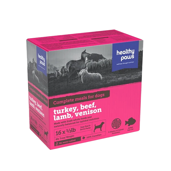 DMB - HEALTHY PAWS DOG VARIETY PK TURKEY, LAMB, BEEF, VENISON 16 X  1/2LB