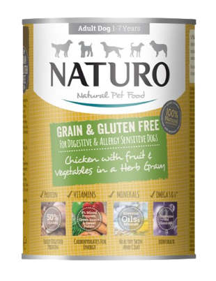 NATURO GRAIN &amp; GF CHICKEN W/ FRUIT &amp; VEG IN HERB GRAVY 390G