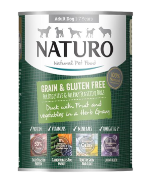 NATURO GRAIN & GF DUCK W/ FRUIT & VEG IN HERB GRAVY 390G