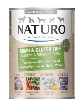 NATURO GRAIN & GF TURKEY W/ FRUIT & VEG IN HERB GRAVY 390G