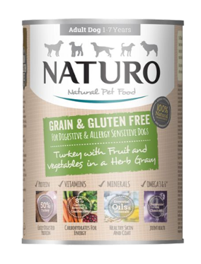 NATURO GRAIN &amp; GF TURKEY W/ FRUIT &amp; VEG IN HERB GRAVY 390G