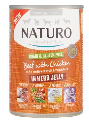 NATURO GRAIN &amp; GF BEEF W/ CHICKEN &amp; VEG IN HERB JELLY 390G