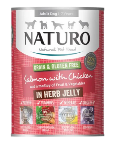 NATURO GRAIN &amp; GF SALMON W/ CHICKEN &amp; VEG IN HERB JELLY 390G