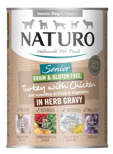 NATURO GRAIN &amp; GF SENIOR CHICKEN W/ FRUIT &amp; VEG IN HERB GRAVY 390G