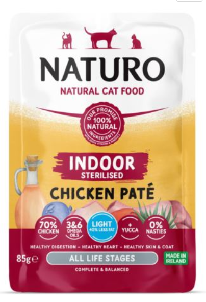 NATURO CAT GF INDOOR STERILISED CHICKEN PATE POUCH 85G