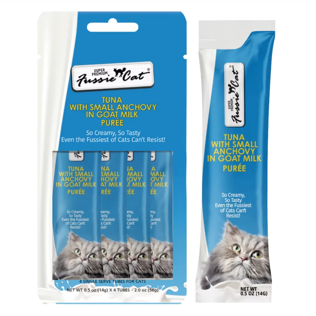 FUSSIE CAT PREMIUM GOAT MILK PUREE TUNA &amp; ANCHOVIES 56G (4PK)