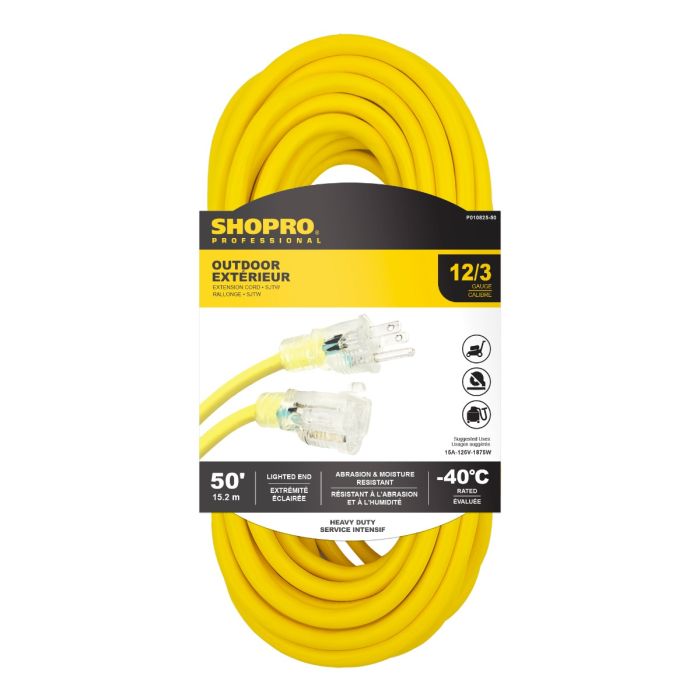 SHOPRO 12/3 SJTW 3-OUTLET LIT END OUTDOOR EXT CORD YELLOW 50'
