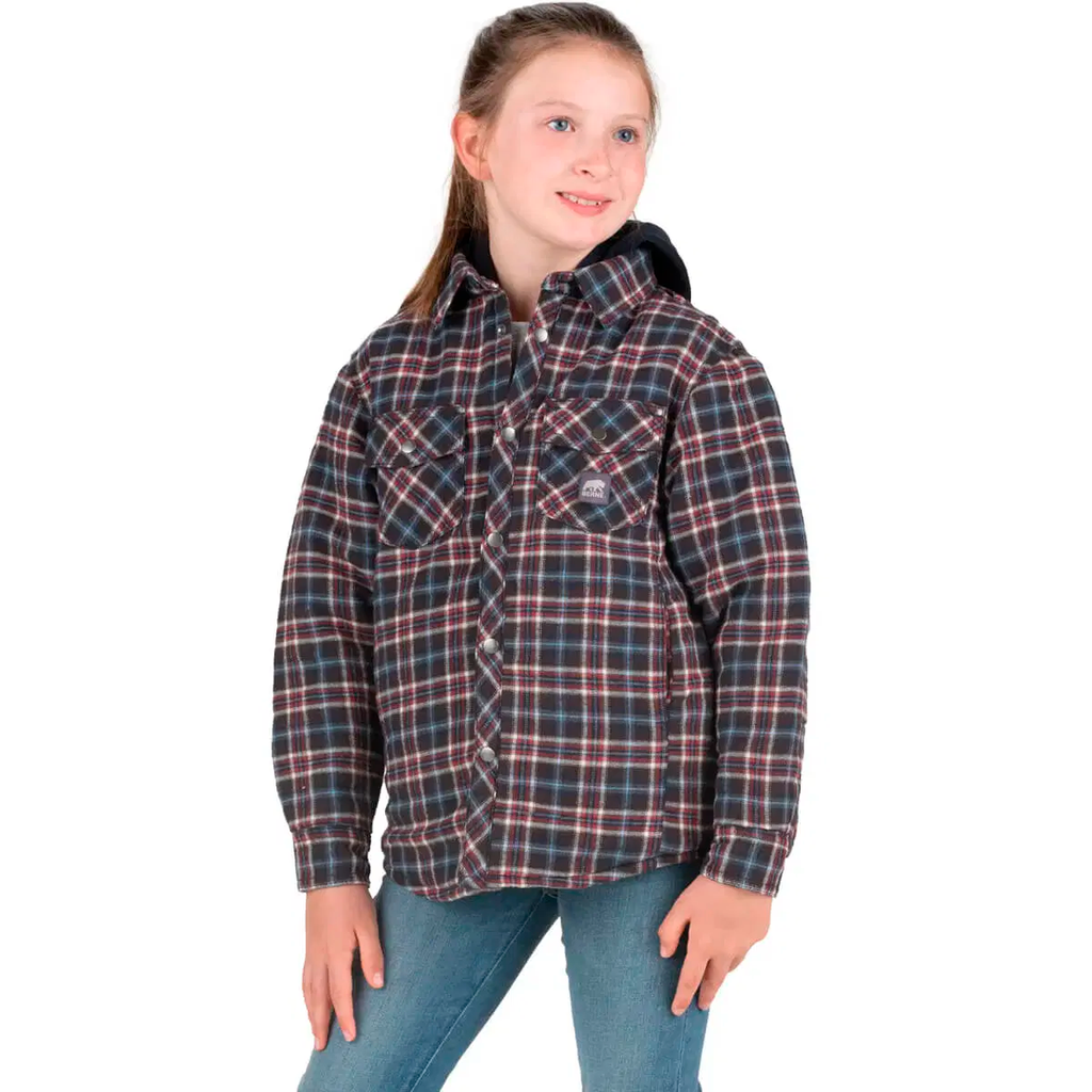BERNE YOUTH FLANNEL QUILT-LINED HOODED SHIRT JACKET PLAID NAVY CHOCOLATE (M)