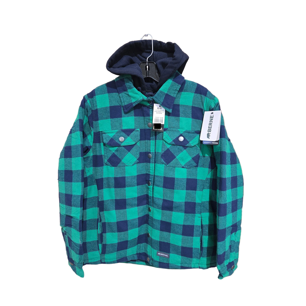 BERNE WOMENS FLANNEL QUILT-LINED HOODED SHIRT JACKET PLAID KELLY NAVY (XL)