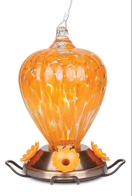 PINEBUSH ORIOLE FEEDER ART GLASS W COPPER PLATED BASE 9&quot;