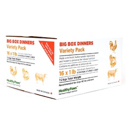 [136-301039] HEALTHY PAWS DOG BIG BOX DINNER VARIETY PK CHICKEN, TURKEY, BEEF 16 X 1LB