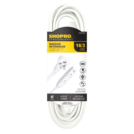 [10145350] SHOPRO 16/3 SPT-3 3-OUTLET FLAT PLUG EXT CORD WHITE 6' WHITE